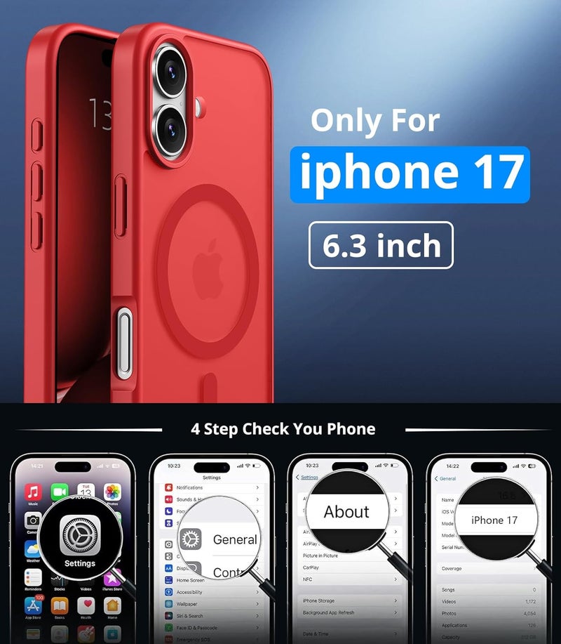 Vansdon Magnetic Case for iPhone 17 with 1-Pack Tempered Glass Screen Protector, Compatible with MagSafe, Military-Grade Drop Protection, Slim Translucent Matte Shockproof Case - Bright Red - Image 4