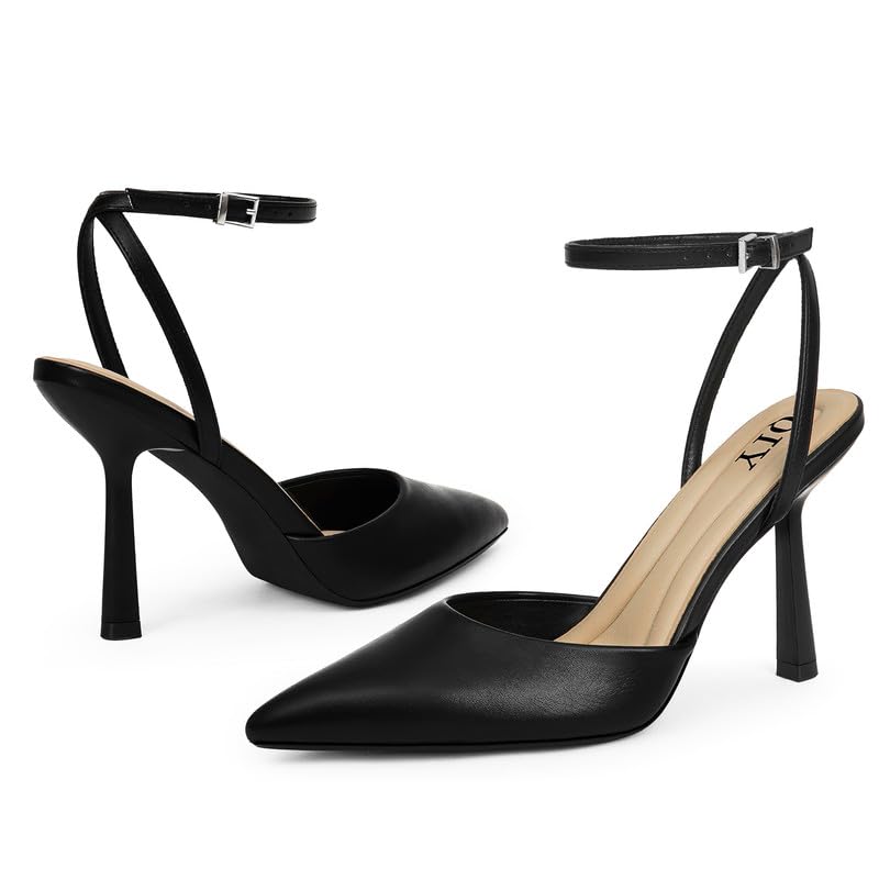 QIY Black Heels Closed Toe Pointy Pointed Toe Heels for Women Black Pumps Formal Dress Wedding Bridal Shoes High Heel Slingback Kitten Stiletto Ankle Strap Heel Size 7.5 - Image 5