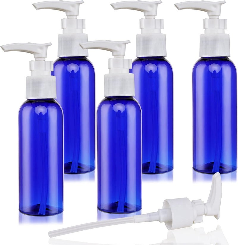 BOMEX 5 Pack Travel Bottles Pump Bottles Dispenser 3.4oz/100ml Plastic Lotion Pump Bottle Clear Travel Toiletry Bottles with Extra 1 Pump Leak Proof for Makeup Cosmetic Containers (Blue) - Image 1