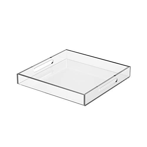 NIUBEE Acrylic Serving Tray 10x10 Inches Spill Proof Clear Decorative Tray Organiser for Ottoman Coffee Table Countertop with Handles