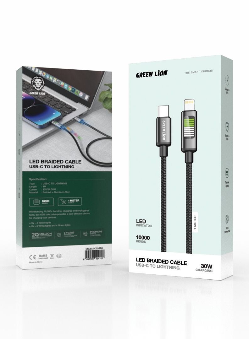 GREEN LION LED Braided Cable USB-C to Lightning 30W/ 480Mbps Transfer Speed / Wide Compatibility /Charge & Sync / Secure & Safe / 1m Wire - Black - Image 3