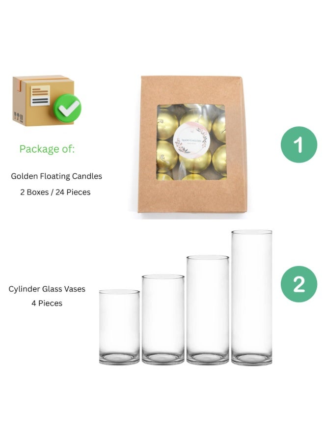 Mado Gallery Glass Cylinder Vases Set of 4 with 24 Golden Floating Candles | Clear Flower & Candle Holders for Home, Events & Weddings | Floating & Pillar Candles - Image 3