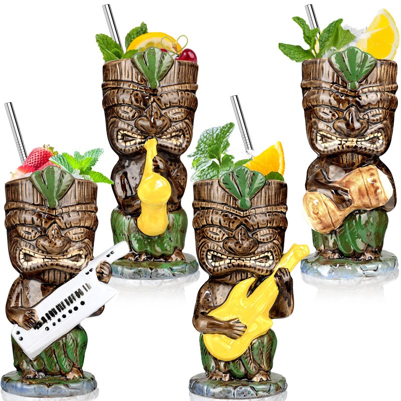 Tiki Glasses Mugs for Cocktails Hawaiian 13oz Set of 4 Ceramic Tropical Party Glass Drink Cups Bar Decor Vintage Music Band Glasses Drinking Cup Decorations Drinkware