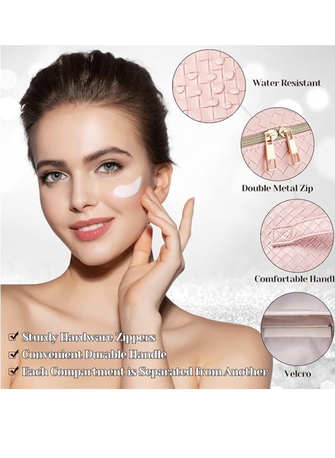 حقيبة مستحضرات تجميل كبيرة السعة للسفر - حقيبة مستحضرات تجميل، حقيبة مستحضرات تجميل من جلد البولي يوريثان مقاومة للماء، حقيبة مستحضرات تجميل نسائية محمولة للسفر، منظم مستحضرات تجميل مسطح بمقابض ومقصورات - Image 3