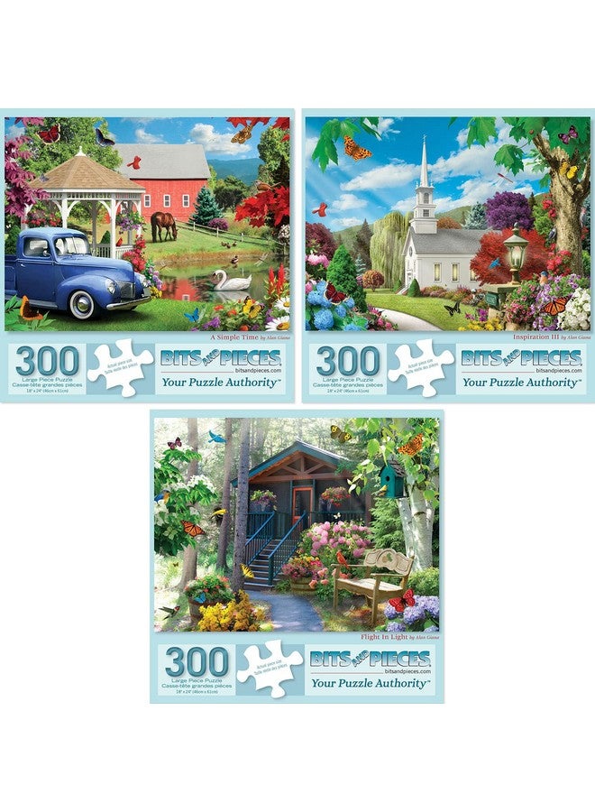 Bits and Pieces Bits and Pieces - Value Set of Three (3) 300 Piece Jigsaw Puzzles for Adults - Measures 18" x 24" - 300 pc Inspiration Simple Time Flight in Light Flower Nature Spring Jigsaws by Artist Alan Giana  - Image 1