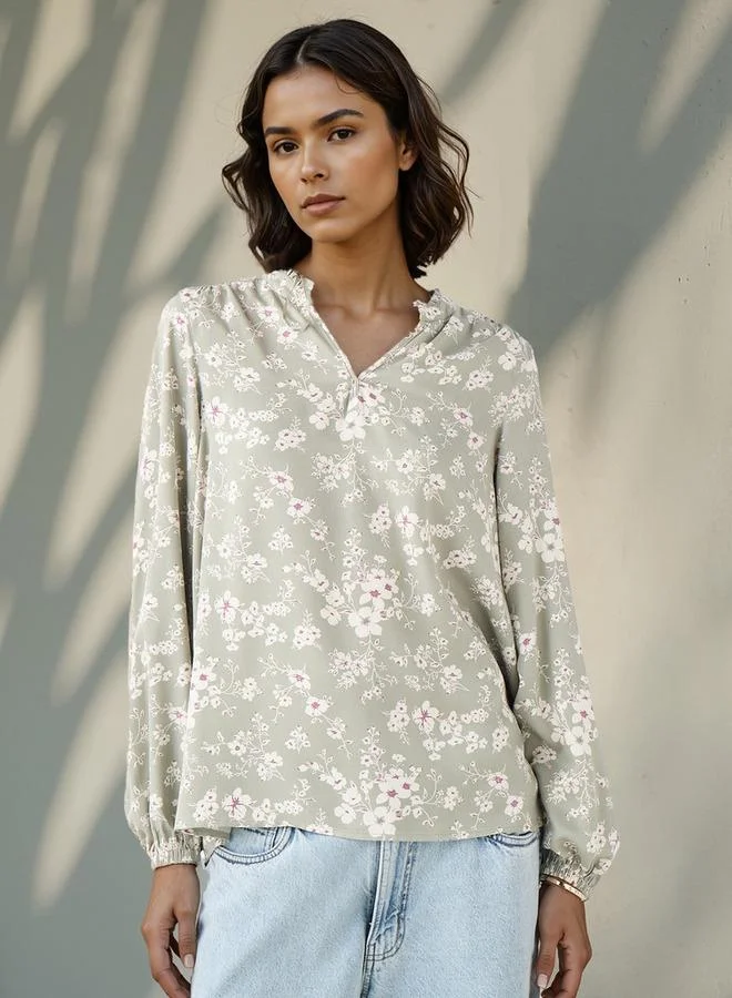 Splash FAV Floral Print Top with Mandarin Collar and Long Sleeves