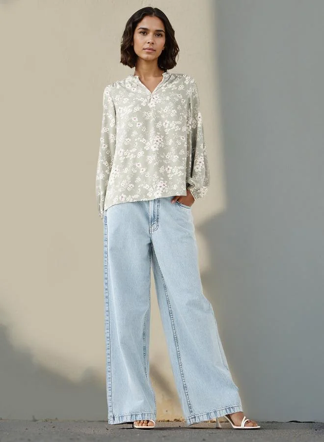 Splash FAV Floral Print Top with Mandarin Collar and Long Sleeves