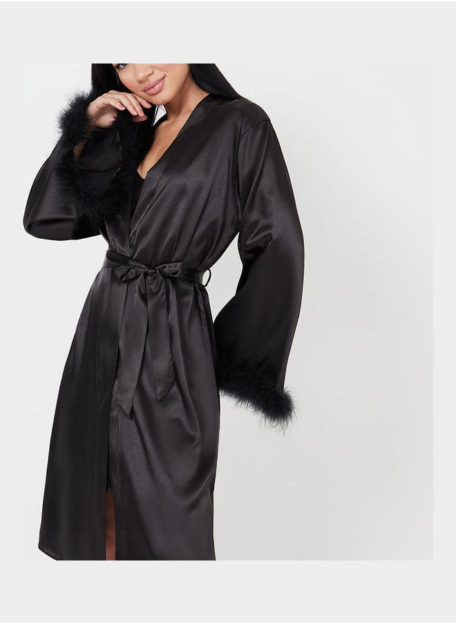 Closet By Styli - Pack of 2 - Satin Cami and Marabou Trim Sleeves Robe - Image 1