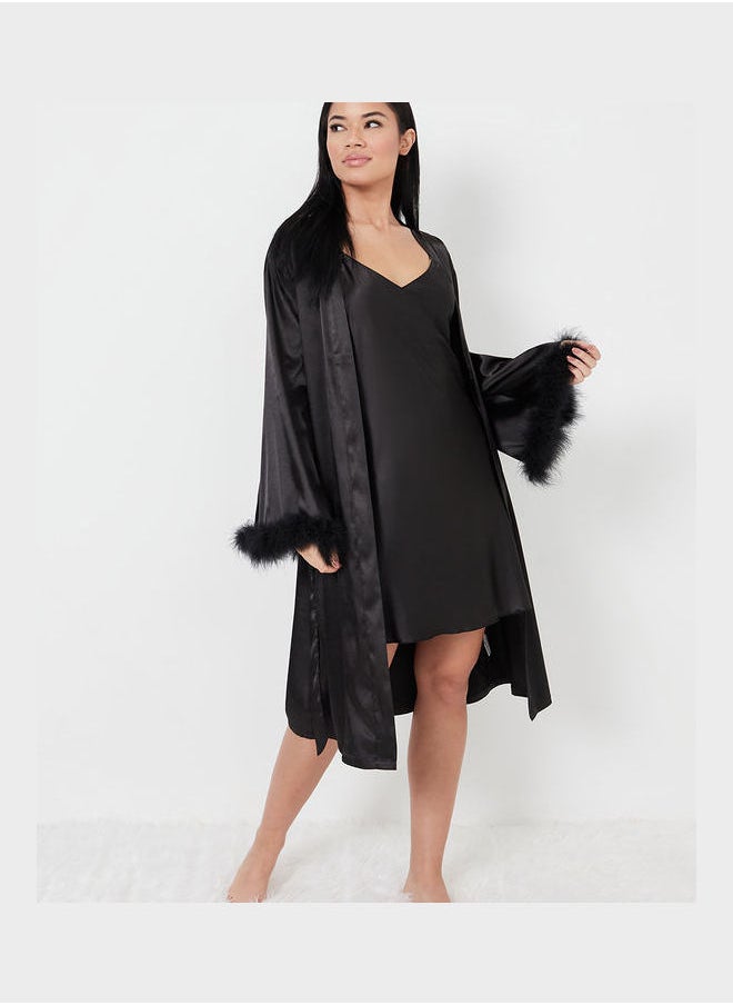 Closet By Styli - Pack of 2 - Satin Cami and Marabou Trim Sleeves Robe - Image 1