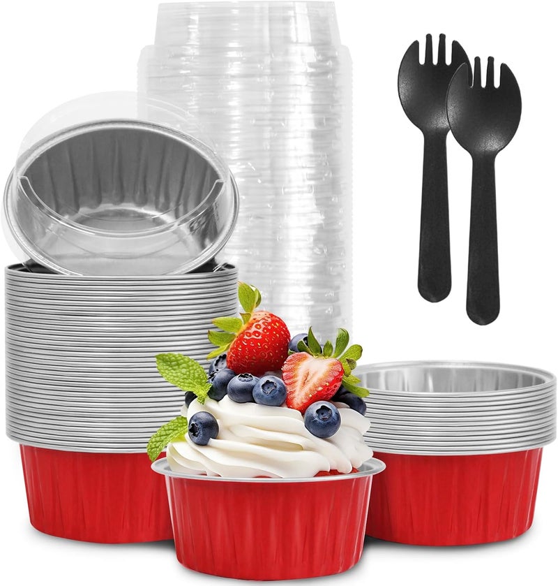 YOIYINI Valentine's Day 50Pcs Mini Aluminum Foil Cupcake Baking Cups,5oz Cake Pans Disposable,Mini Loaf Pans with Lids,Disposable Ramekins,Tin Cups Containers for Cupcake,Pudding,Muffin,Cheesecake(50, Red) - Image 1