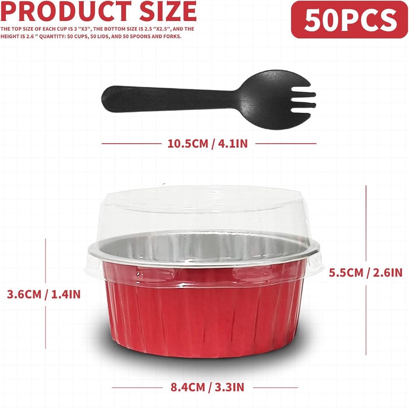 YOIYINI Valentine's Day 50Pcs Mini Aluminum Foil Cupcake Baking Cups,5oz Cake Pans Disposable,Mini Loaf Pans with Lids,Disposable Ramekins,Tin Cups Containers for Cupcake,Pudding,Muffin,Cheesecake(50, Red) - Image 2