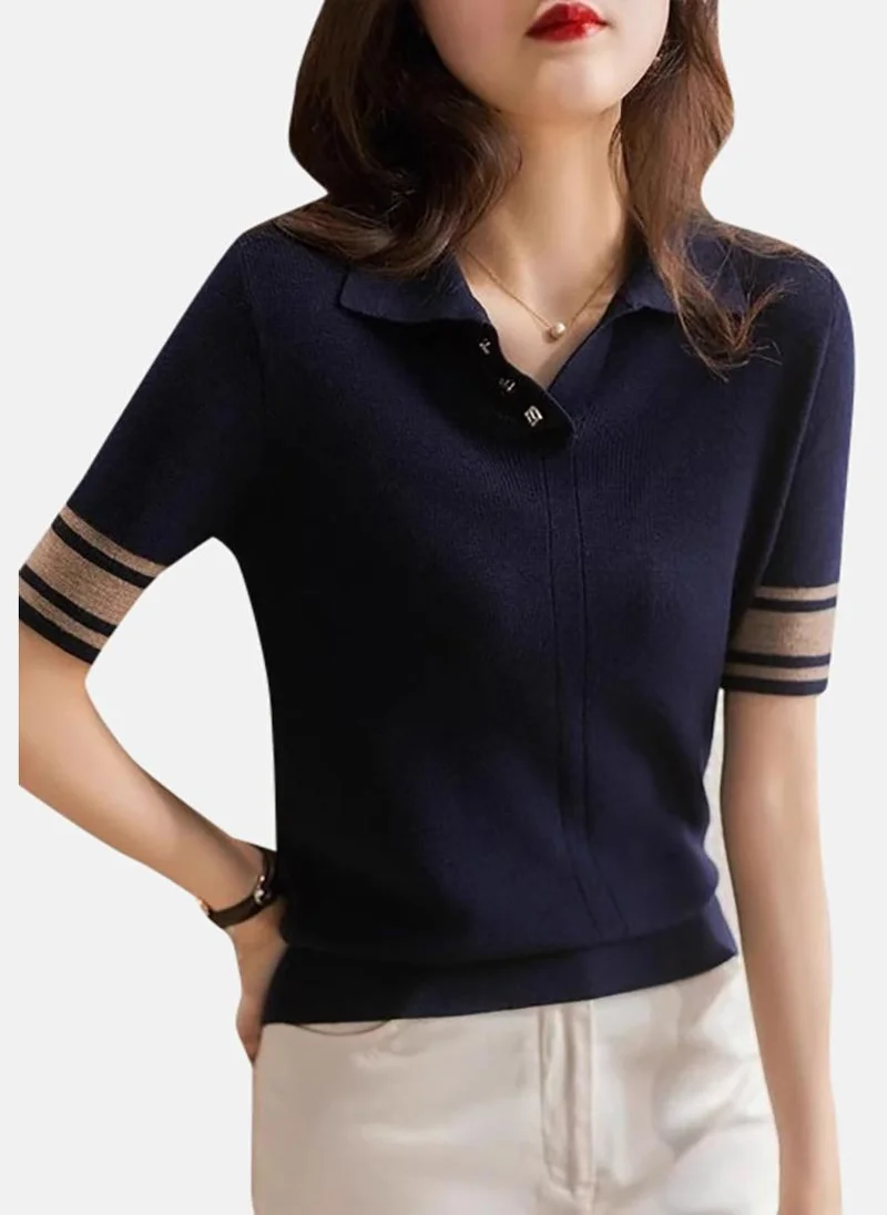 يونيكي Blue Solid Short Sleeve Polo Collar Polo Shirt