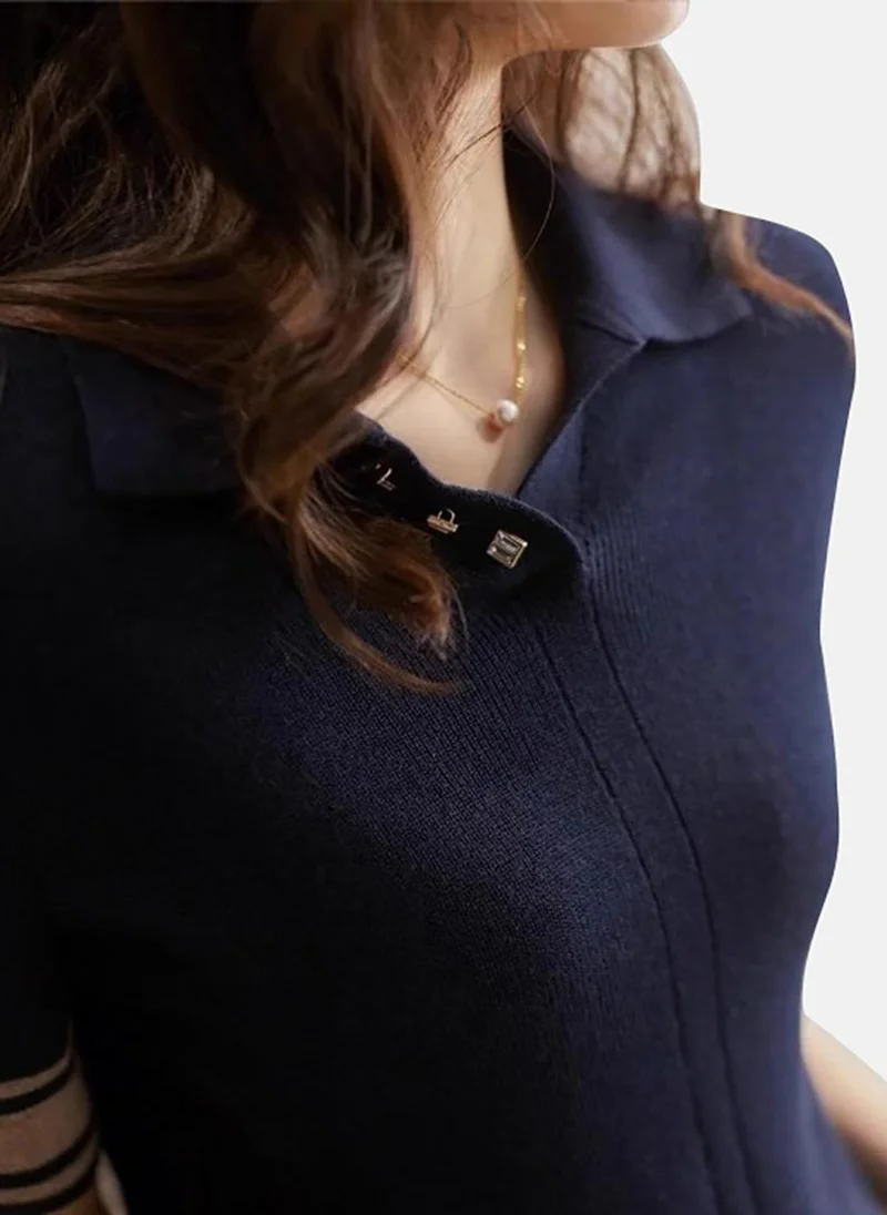 يونيكي Blue Solid Short Sleeve Polo Collar Polo Shirt