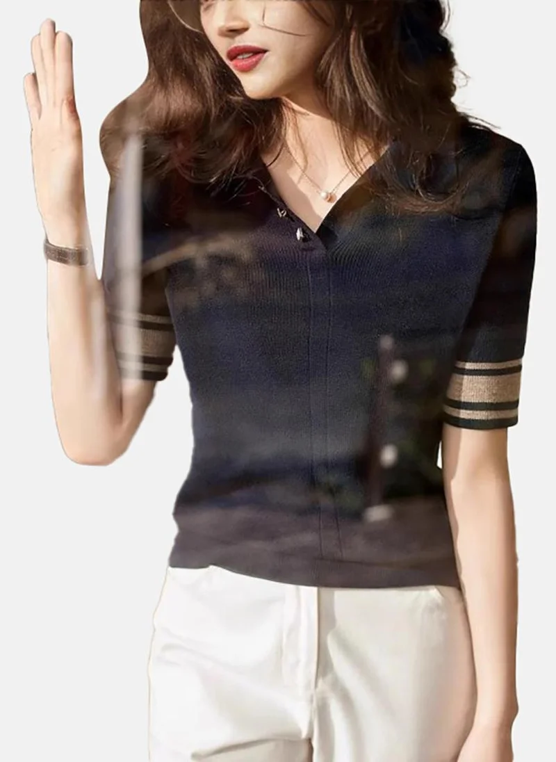 يونيكي Blue Solid Short Sleeve Polo Collar Polo Shirt