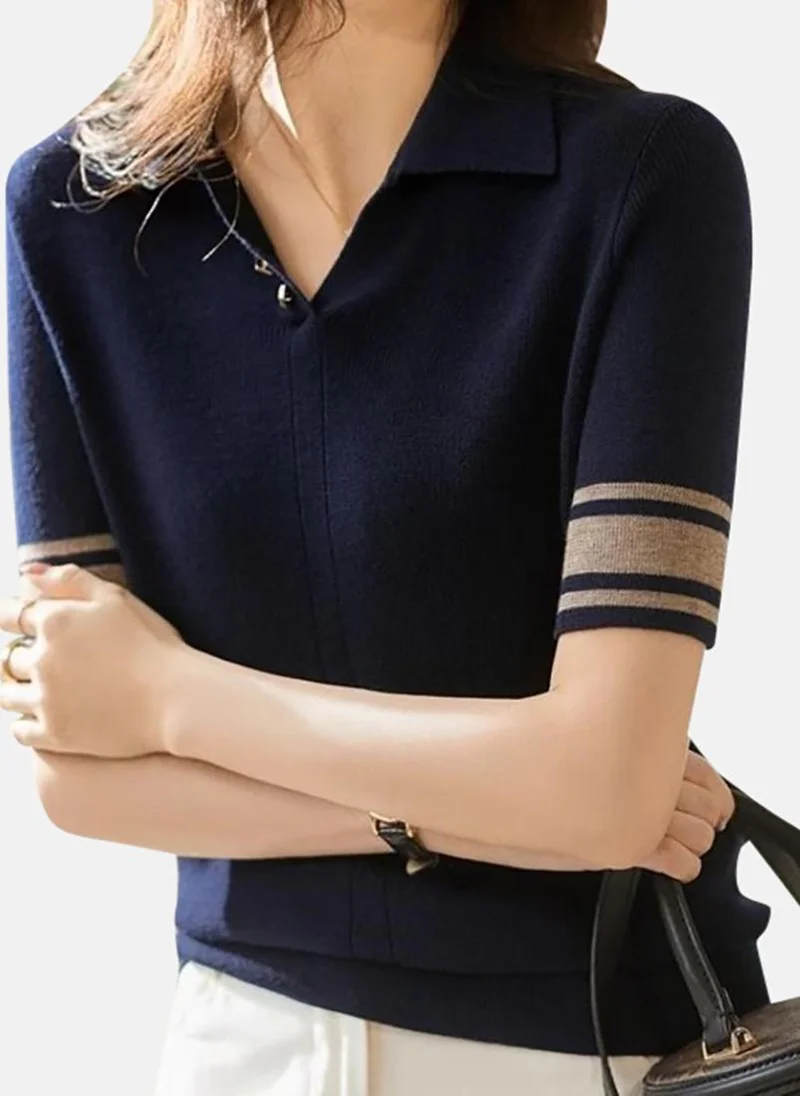 يونيكي Blue Solid Short Sleeve Polo Collar Polo Shirt