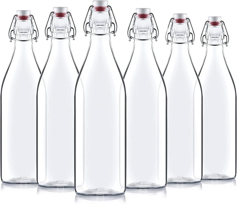 بروميولي روكو زجاجات بورمولي روكو جيارا ذات الغطاء المتأرجح سعة 33 ¾ أونصة/1 لتر (عبوة من 6 قطع) زجاج شفاف دائري بغطاء قلاب من نوع غروش مع سدادة - Image 1