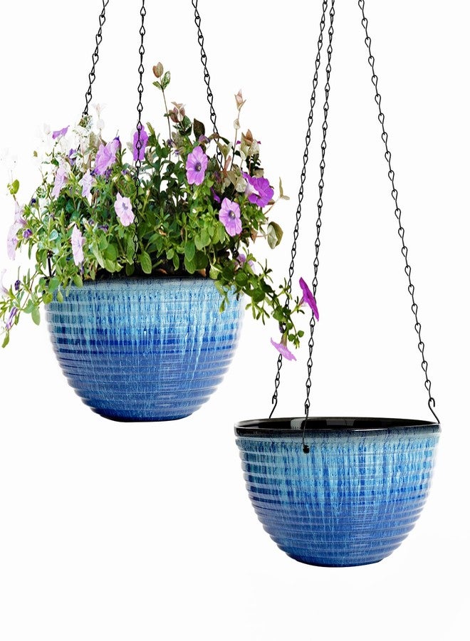 Vanslogreen 2 Pack Hanging Planters for Indoor Outdoor Plants, 10 Inch Hanging Planter with Drainage Hole & Plug Glazed Hanging Baskets Flower Pots for Garden Home (Blue Flow Glaze) - Image 1