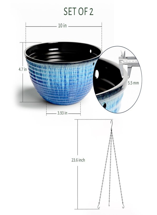 Vanslogreen 2 Pack Hanging Planters for Indoor Outdoor Plants, 10 Inch Hanging Planter with Drainage Hole & Plug Glazed Hanging Baskets Flower Pots for Garden Home (Blue Flow Glaze) - Image 4