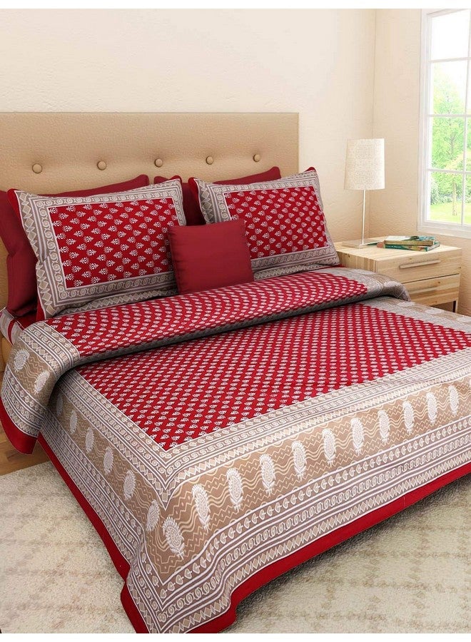 BedZone 100% Cotton Rajasthani Jaipuri Traditional Floral King Size Double Bedsheet with 2 Pillow Covers (Red) - Image 1