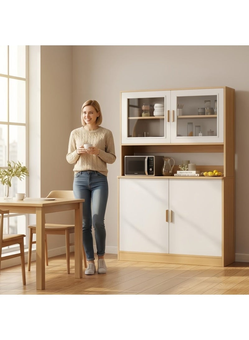 Sharpdo Modern 180cm Tall Kitchen Buffet Cabinet with Glass Doors, Open Microwave Shelf, and Closed Storage, 80x32x180CM, Freestanding Sideboard for Dining Room, Living Room, and Kitchen - Image 5