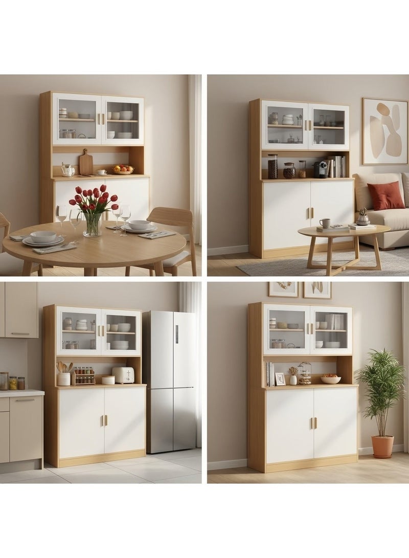 Sharpdo Modern 180cm Tall Kitchen Buffet Cabinet with Glass Doors, Open Microwave Shelf, and Closed Storage, 80x32x180CM, Freestanding Sideboard for Dining Room, Living Room, and Kitchen - Image 4