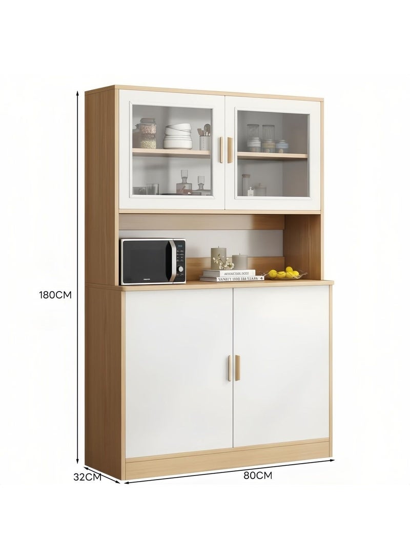 Sharpdo Modern 180cm Tall Kitchen Buffet Cabinet with Glass Doors, Open Microwave Shelf, and Closed Storage, 80x32x180CM, Freestanding Sideboard for Dining Room, Living Room, and Kitchen - Image 2