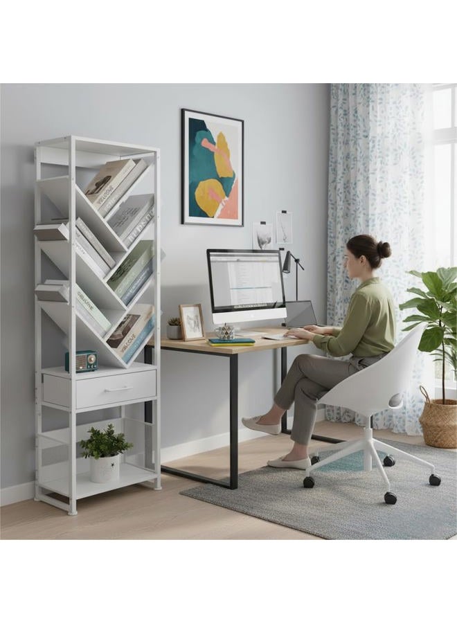 ZEXVIDA Tree Bookshelf with Drawer,10 Tier Bookcase Retro Floor Standing Bookshelves,Tall Wood Bookcases with Cabinet Storage Organizer for Living Room, Bedroom & Home Office, White - Image 5
