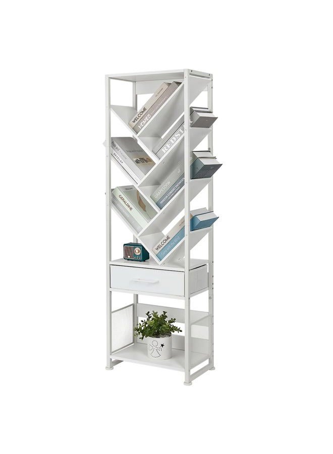 ZEXVIDA Tree Bookshelf with Drawer,10 Tier Bookcase Retro Floor Standing Bookshelves,Tall Wood Bookcases with Cabinet Storage Organizer for Living Room, Bedroom & Home Office, White - Image 1