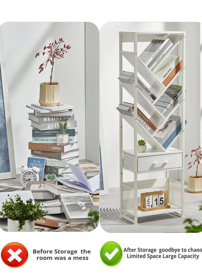 ZEXVIDA Tree Bookshelf with Drawer,10 Tier Bookcase Retro Floor Standing Bookshelves,Tall Wood Bookcases with Cabinet Storage Organizer for Living Room, Bedroom & Home Office, White - Image 4