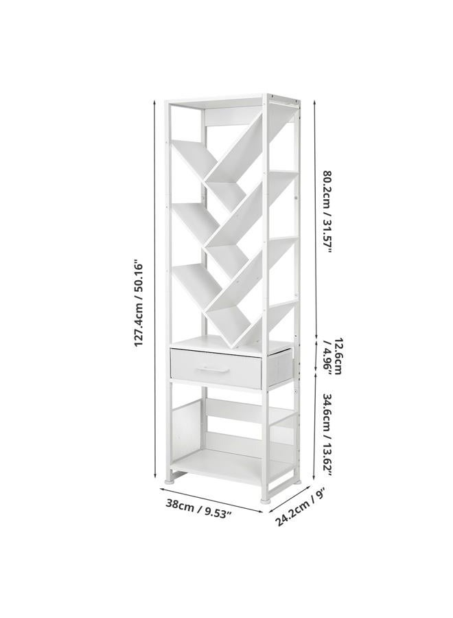 ZEXVIDA Tree Bookshelf with Drawer,10 Tier Bookcase Retro Floor Standing Bookshelves,Tall Wood Bookcases with Cabinet Storage Organizer for Living Room, Bedroom & Home Office, White - Image 2