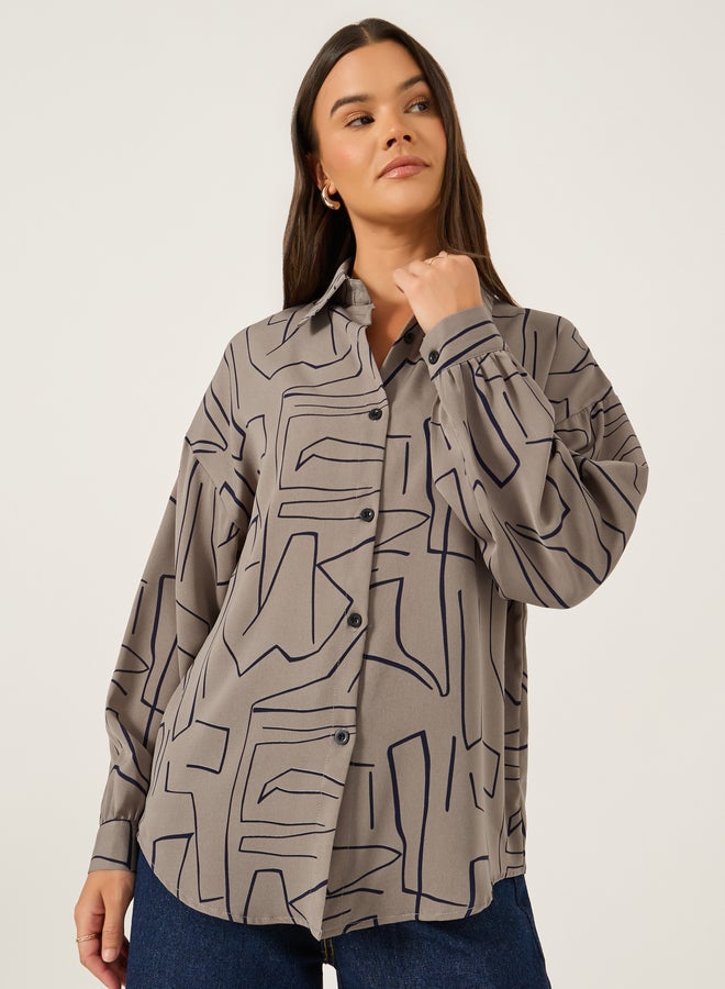 Styli Printed Spread Collar Oversized Shirt - Image 4