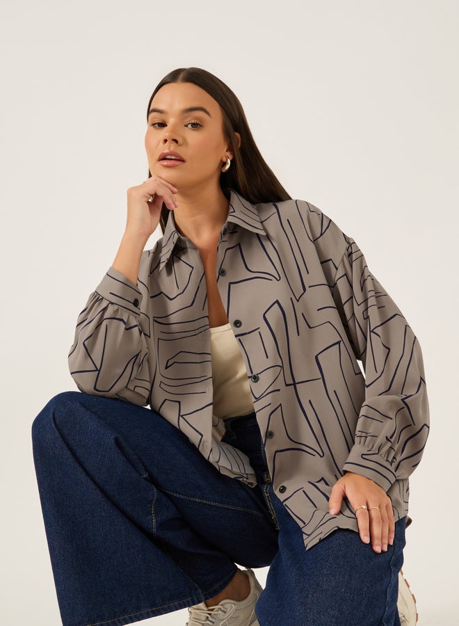 Styli Printed Spread Collar Oversized Shirt - Image 1