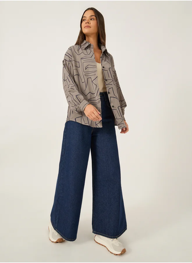 Styli Printed Spread Collar Oversized Shirt
