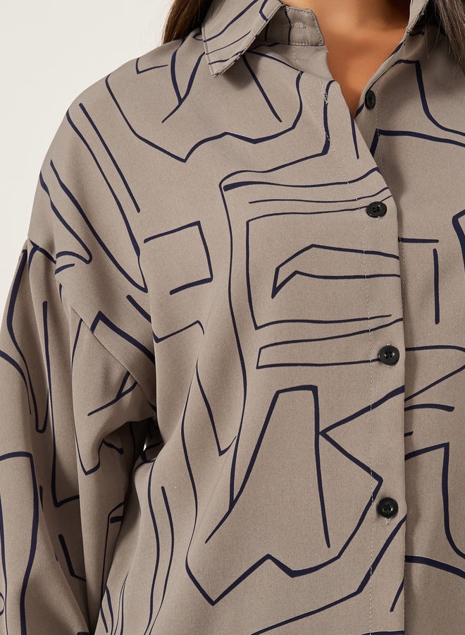 Styli Printed Spread Collar Oversized Shirt - Image 5