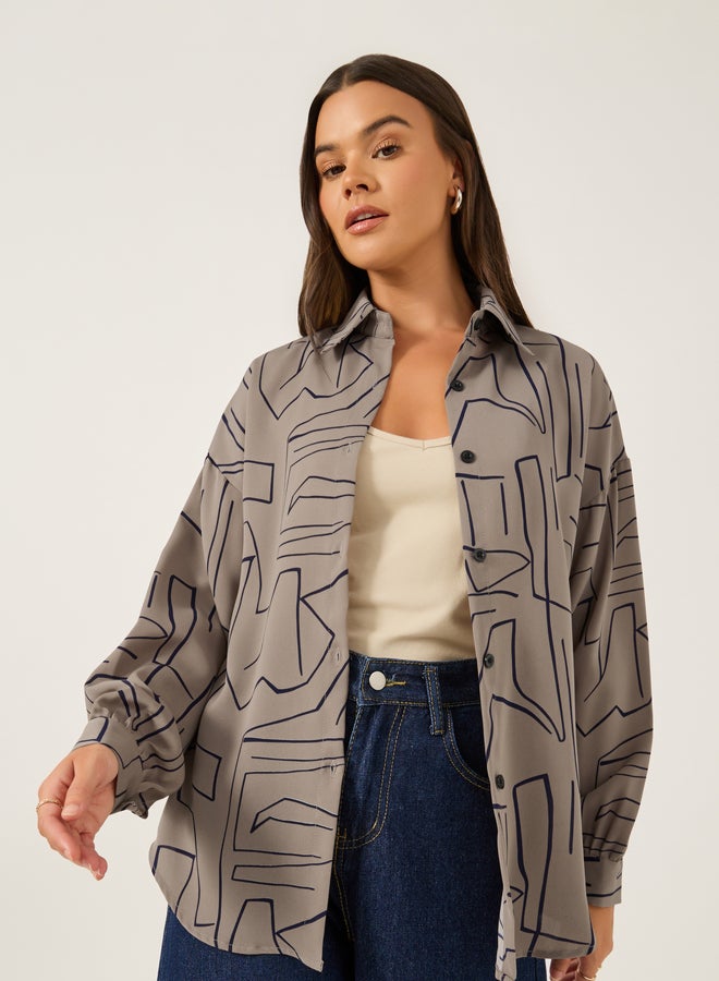 Styli Printed Spread Collar Oversized Shirt - Image 3