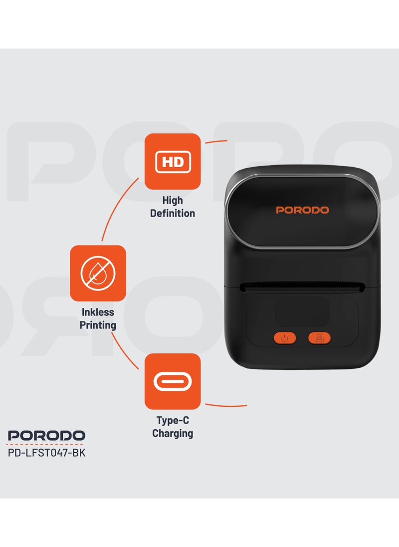 porodo Super HD Thermal Printer / Print Labels & Photos / Inkless Printing / High Definition / Portable - Black  - Image 2
