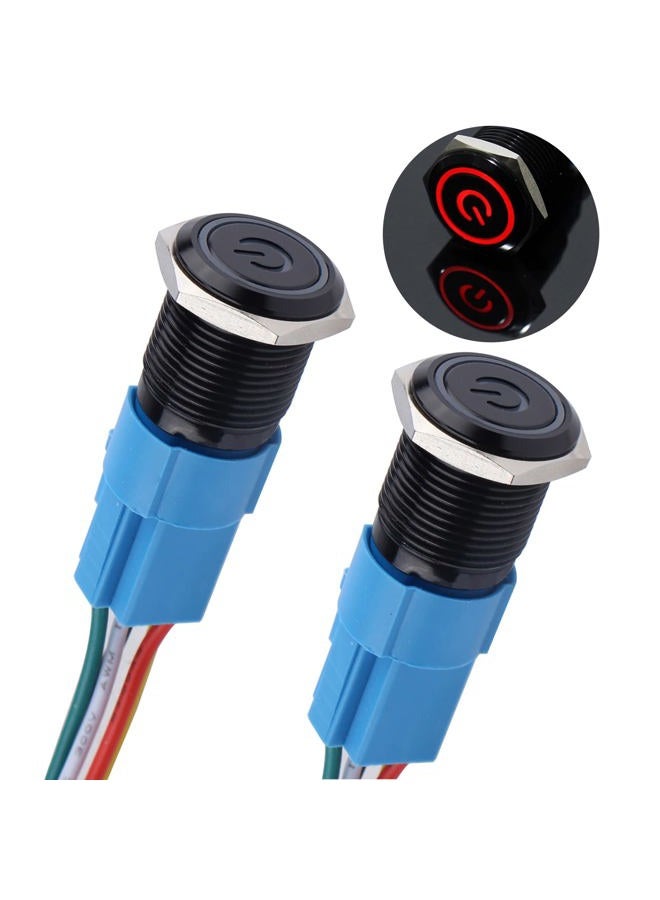 DMWD 2pcs 16mm Metal Waterproof Anti-Vandal Latching Push Button Switch Black Shell with Pre-wired Socket, 12V-24V ON OFF 5Pins 1NO 1NC Power Symbol Red LED - Image 1