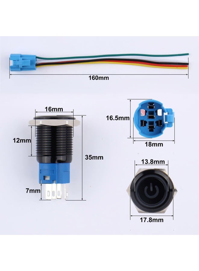 DMWD 2pcs 16mm Metal Waterproof Anti-Vandal Latching Push Button Switch Black Shell with Pre-wired Socket, 12V-24V ON OFF 5Pins 1NO 1NC Power Symbol Red LED - Image 2