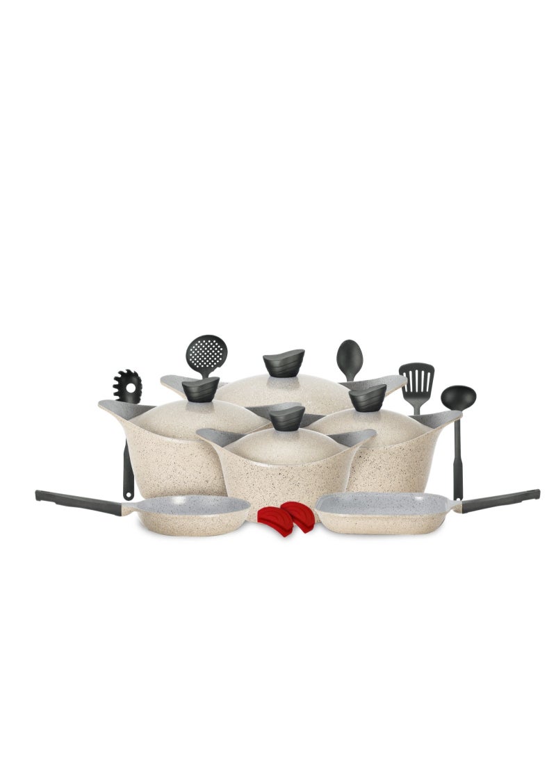 Badreig Lahoya Beige Marble 17-Piece Cookware Set – Complete Premium Granite Cookware with Nonstick Marble Coating and Kitchen Tools - Image 1