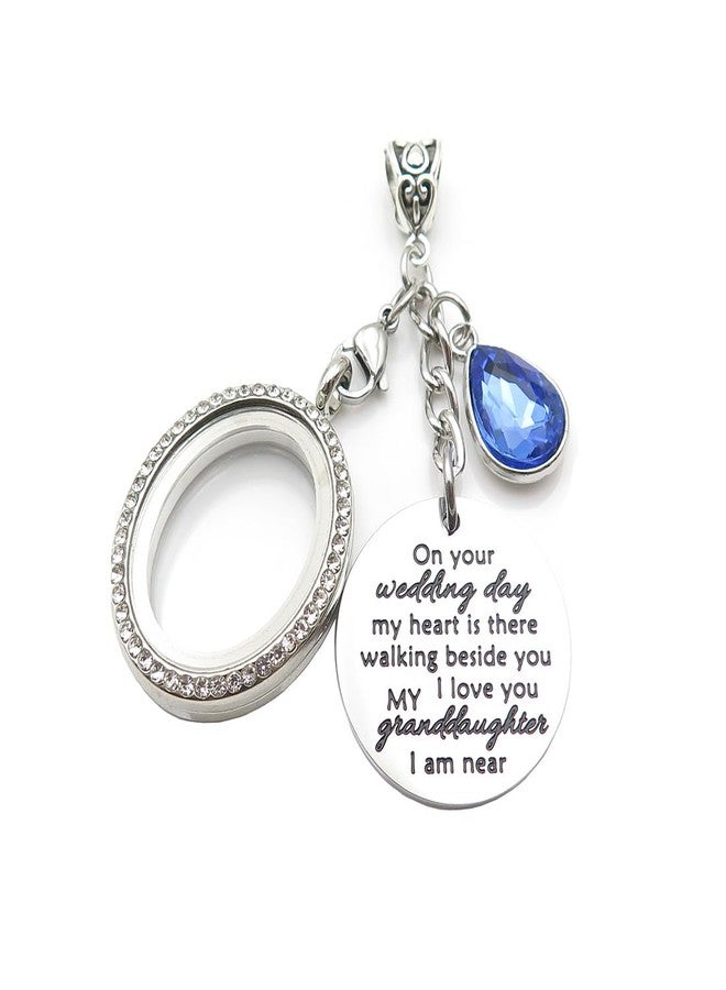 IDLAN Wedding Bouquet Locket Charm Rhinestone Photo Frame Memorial Bridal Bouquet Charm Memorial Photo Keepsake Something blue (On wedding day-Granddaughter-Oval) - Image 1