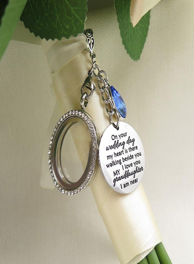 IDLAN Wedding Bouquet Locket Charm Rhinestone Photo Frame Memorial Bridal Bouquet Charm Memorial Photo Keepsake Something blue (On wedding day-Granddaughter-Oval) - Image 2