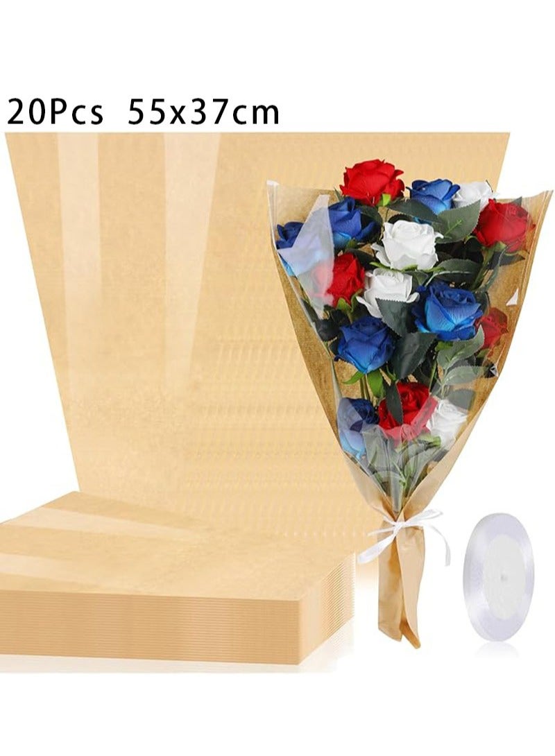 Apustim 20Pcs Flower Packaging Bags，Kraft Paper Flower Packaging Covers，Bouquet Bags Transparent Flower Packaging Covers With Ribbon For Wedding Birthday Graduation Anniversary Supplies - Image 1