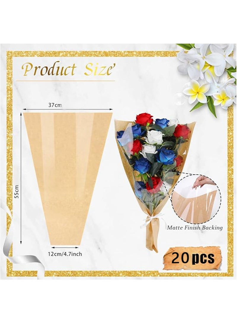 Apustim 20Pcs Flower Packaging Bags，Kraft Paper Flower Packaging Covers，Bouquet Bags Transparent Flower Packaging Covers With Ribbon For Wedding Birthday Graduation Anniversary Supplies - Image 2