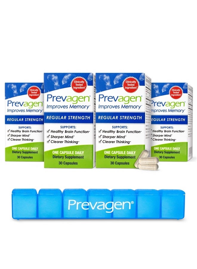 Prevagen يحسن الذاكرة - قوة منتظمة 10 ملغ، 30 كبسولة | 4 عبوات | مع أبوأكوورين وفيتامين د وبريفاجين 7-يوم منظم حبوب | مكمل دماغي لصحة دماغ أفضل - Image 1