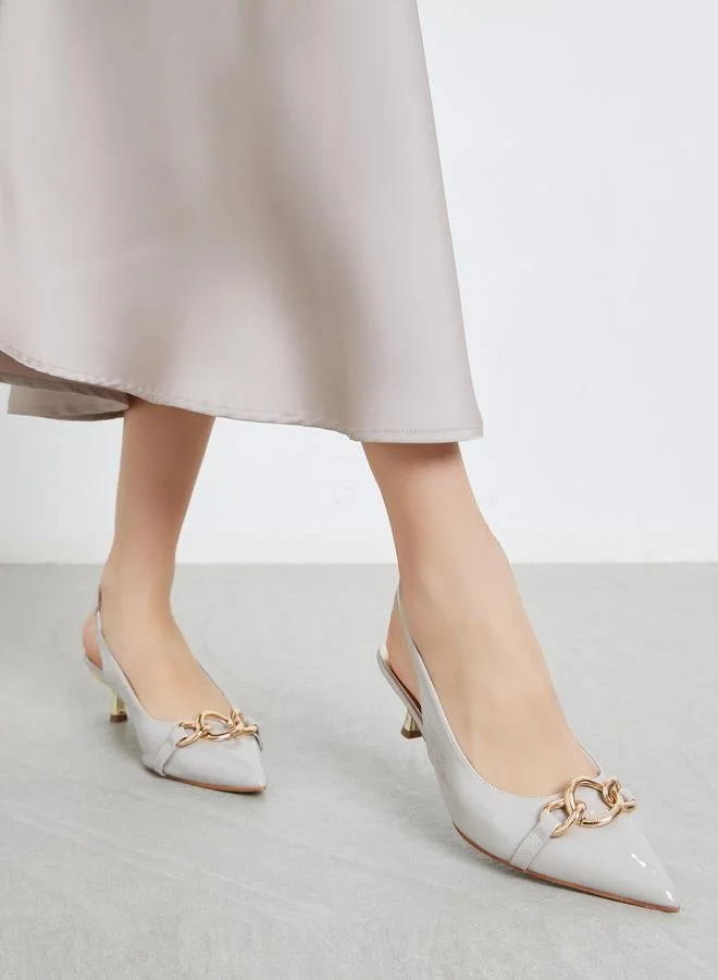 Styli Grey Low Heel Pumps with Chain Accent
