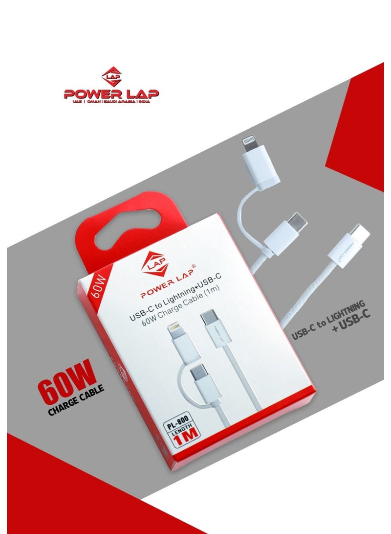 POWER LAP® 60W Fast Charging Cable – PL-800 (USB-C to Lightning + USB-C | 1 Meter)