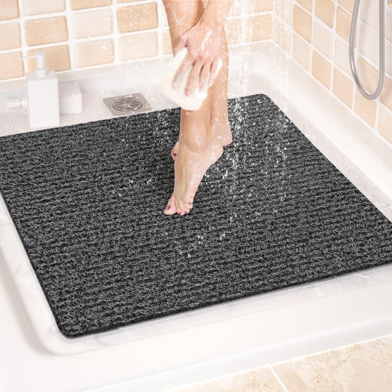 LuxStep Shower Mat Bathtub Mat24x24 inch NonSlip Bath Mat with Drain Quick Drying PVC Loofah Bathmat for TubShowerBathroom Phthalate FreeBlack