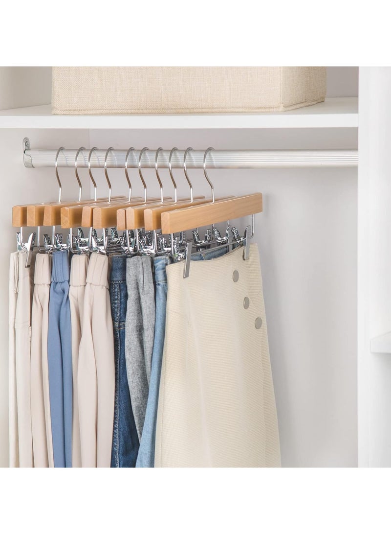 Mmmon Nature Smile Solid Lotus Wood DeluxeWooden Pants Hangers Bottom Hanger JeansHanger Skirt Hanger with 2-Adjustable ClipsAnti-Rust Hook Pack of 10 (Natural)  - Image 2