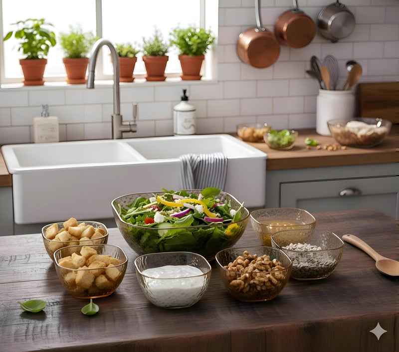 Stylish Square Glass Dishes Set-7 Pieces versatile offering set, decorated with bubble effect details, suitable for salads, nuts and multi-use drinks - Image 1