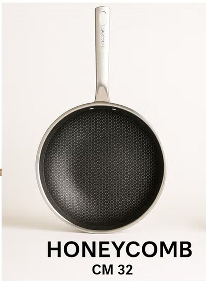 32cm Non-Stick Honeycomb Hybrid Wok Pan | Tri-Ply Stainless Steel | Induction & Gas Compatible | Scratch-Resistant Cookware